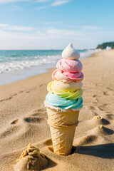 An ice cream cone standing on beach