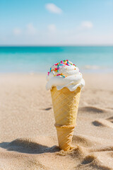 An ice cream cone standing on beach