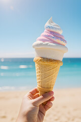 An ice cream cone standing on beach