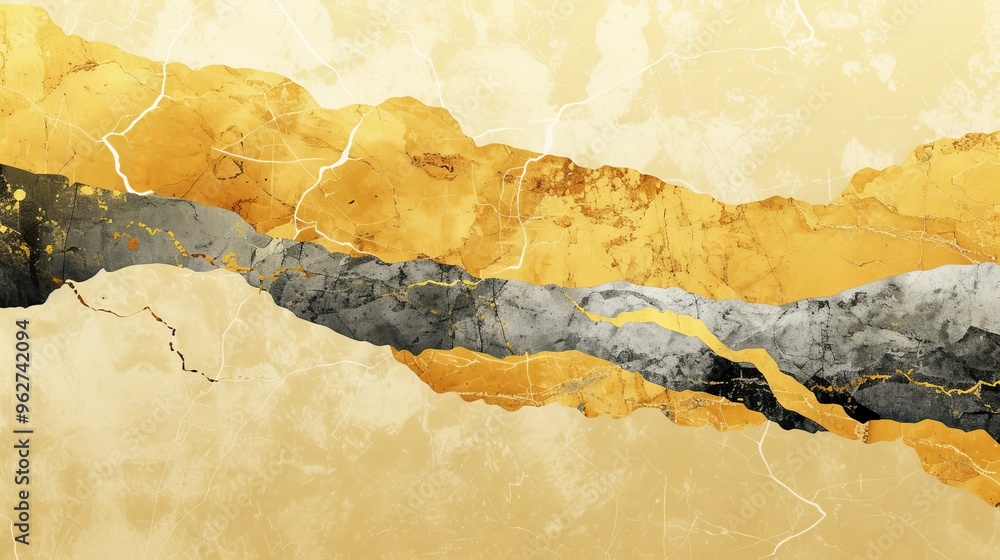 Poster an abstract image featuring layered gold and gray textures on a beige background. the striking color