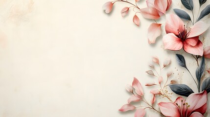 Delicate pink flowers and leaves on a textured white background Template for quotes, and greetings cards