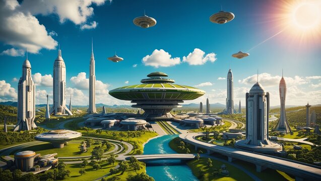 A photo of a futuristic cityscape with tall buildings, skyscrapers, and other structures. The sky is blue with white clouds and the sunis shining brightly on the right side of the image