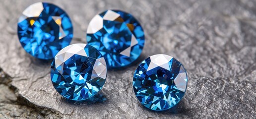 Four sparkling blue topaz gemstones on a gray background. These gemstones are perfect for jewelry making or as a decorative element.