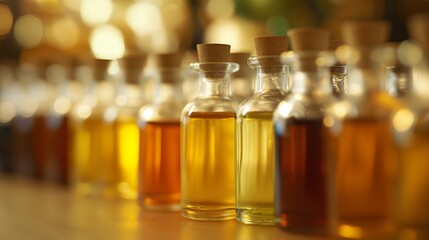 Bottles of amber liquid with cork tops arranged in a row on a wood surface with blurred background.