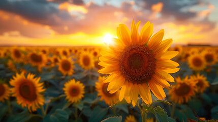 Obraz premium Sunflowers Field at Sunset - Realistic Photo