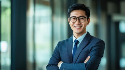 Happy young Asian businessman in stylish clothes and glasses smiling friendly against blurred modern office room background