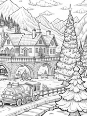 Naklejka premium Detailed Winter Village Scene with Snow-Covered Houses for Coloring Books