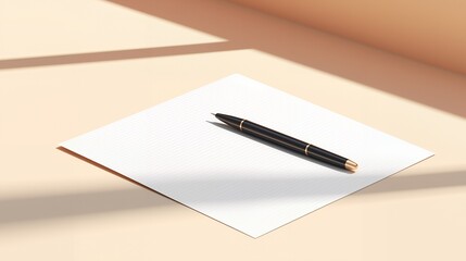 A black pen on a white lined notebook with a beige background.
