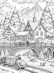 Obraz premium Detailed Winter Village Scene with Snow-Covered Houses for Coloring Books