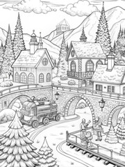 Obraz premium Detailed Winter Village Scene with Snow-Covered Houses for Coloring Books