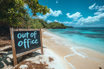 A chalkboard with the text 'out of office' on a beautiful beach, conveying a message of vacation and relaxation.