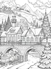 Naklejka premium Detailed Winter Village Scene with Snow-Covered Houses for Coloring Books