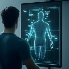 A person sculpting a digital statue of themselves on a glowing screen, representing self-creation online.