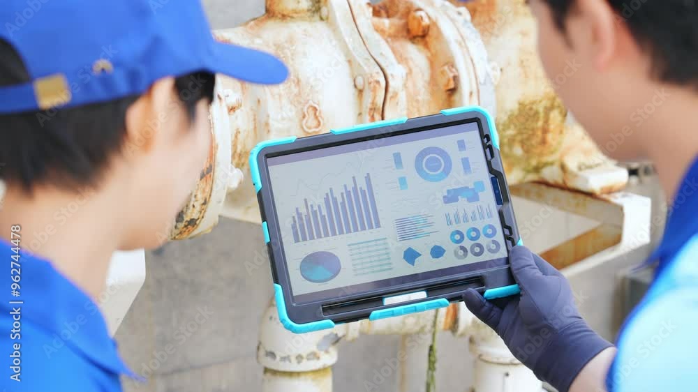 Poster タブレットを見ながら配管・機械を点検するエンジニアのグループ