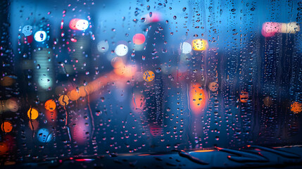 Abstract Raindrops on a Window with City Lights in the Background Photo