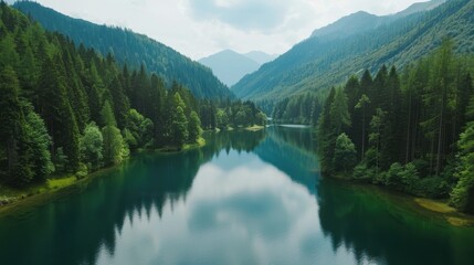 Fototapeta premium Beautiful view of mountain lake with clear water and green forest.