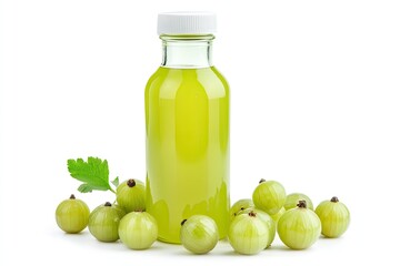 Fresh Gooseberry Juice Bottle With Gooseberries isolated on a white background