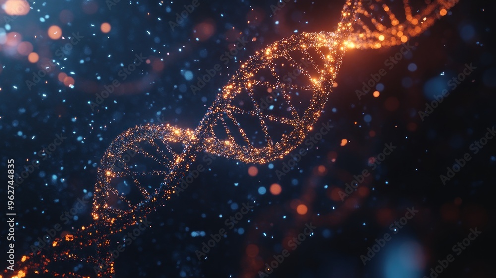 Poster a digital representation of a dna double helix with glowing particles in a dark background.