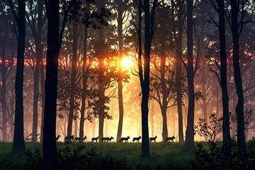 A serene forest scene with deer silhouetted against a glowing sunset, capturing the peaceful beauty of nature and wildlife in a tranquil setting.