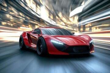 Sport car on the road with motion blur background. Street racing videogame gameplay. 3D rendering of a brand-less generic concept car in a futuristic environment with generative ai