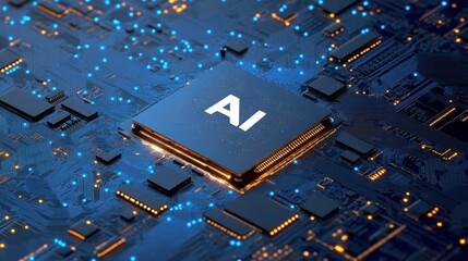 powerful computer processor microchip with the word representing artificial intelligence, AI technology