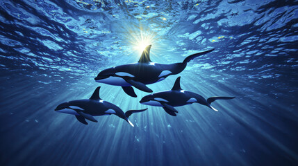 Fototapeta premium Orcas swimming in unison through cold water, illuminated by sunlight, create serene underwater scene.