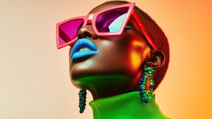 Bold Neon Retro-Futuristic Fashion – Young African Female Model in Striking Geometric Eyewear with Vibrant Accessories Against Minimalist White Background