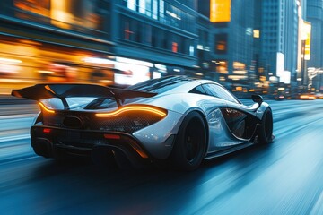 Fototapeta premium Sport car on the road with motion blur background. Street racing videogame gameplay. 3D rendering of a brand-less generic concept car in a futuristic environment with generative ai