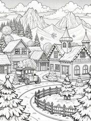 Naklejka premium Detailed Winter Village Scene with Snow-Covered Houses for Coloring Books