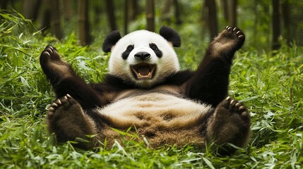 Fototapeta premium A playful giant panda frolicking amidst the lush green bamboo forest, capturing moments of joy and curiosity in its natural habitat. The scene highlights the panda's playful behavior