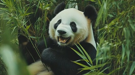 Obraz premium A playful giant panda frolicking amidst the lush green bamboo forest, capturing moments of joy and curiosity in its natural habitat. The scene highlights the panda's playful behavior