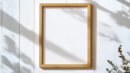 A wooden frame with blank canvas is displayed against white wall, creating serene and minimalistic atmosphere. Perfect for showcasing your favorite artwork or photos.