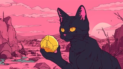 Striking illustration of a black cat holding a cracked gem in a desolate, apocalyptic landscape. The vibrant pink sky and sun add a surreal touch to the somber scene, creating a captivating contrast.