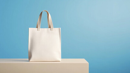 A minimalist white tote bag stands elegantly on light surface against soft blue background, perfect for showcasing personalized designs.