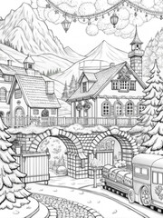 Naklejka premium Detailed Winter Village Scene with Snow-Covered Houses for Coloring Books