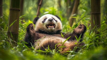 Fototapeta premium A playful giant panda frolicking amidst the lush green bamboo forest, capturing moments of joy and curiosity in its natural habitat. The scene highlights the panda's playful behavior