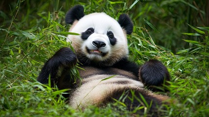Naklejka premium A playful giant panda frolicking amidst the lush green bamboo forest, capturing moments of joy and curiosity in its natural habitat. The scene highlights the panda's playful behavior