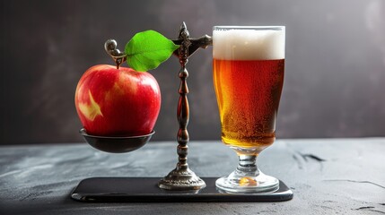 A red apple with a green leaf is contrasted against a glass of beer on a vintage scale, set against a dark, textured background. The image symbolizes the choice between a healthy lifestyle and