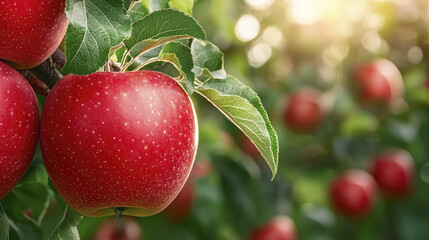 A close up of lush organic orchard with ripe apples, showcasing vibrant red fruit and green leaves, evoking sense of freshness and abundance.