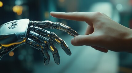 The human finger delicately touches the finger of a robot's metallic finger. Concept of harmonious coexistence of humans and AI technology,
