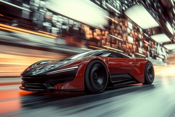 Sport car on the road with motion blur background. Street racing videogame gameplay. 3D rendering of a brand-less generic concept car in a futuristic environment with generative ai