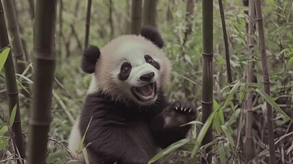 Obraz premium A playful giant panda frolicking amidst the lush green bamboo forest, capturing moments of joy and curiosity in its natural habitat. The scene highlights the panda's playful behavior