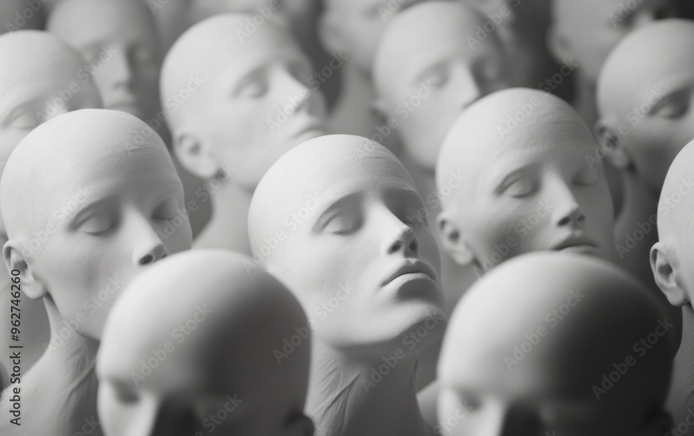 Poster Monochromatic Aerial View of White Mannequin Heads in Symmetrical Geometric Pattern with Soft Diffused Lighting and Intricate Texturing