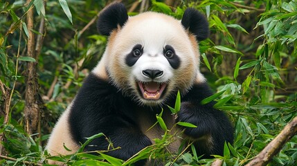 Obraz premium A playful giant panda frolicking amidst the lush green bamboo forest, capturing moments of joy and curiosity in its natural habitat. The scene highlights the panda's playful behavior