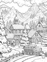 Obraz premium Detailed Winter Village Scene with Snow-Covered Houses for Coloring Books