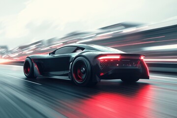 Naklejka premium Sport car on the road with motion blur background. Street racing videogame gameplay. 3D rendering of a brand-less generic concept car in a futuristic environment with generative ai