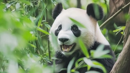 Obraz premium A playful giant panda frolicking amidst the lush green bamboo forest, capturing moments of joy and curiosity in its natural habitat. The scene highlights the panda's playful behavior