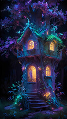 Obraz premium A fairy house that is both elegant and whimsical. The house is built into a giant tree, with winding staircases and hidden rooms