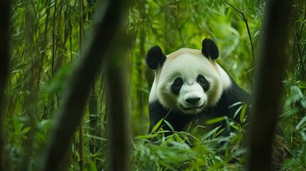 Obraz premium A playful giant panda frolicking amidst the lush green bamboo forest, capturing moments of joy and curiosity in its natural habitat. The scene highlights the panda's playful behavior