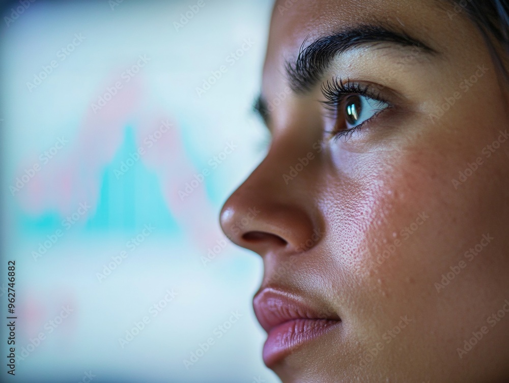 Poster anxious young latina woman staring at plunging stock values on computer screen in evening office set